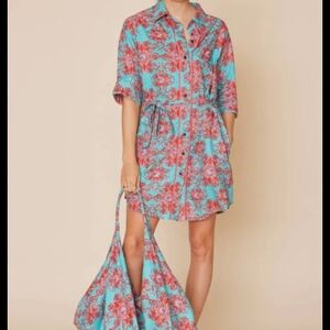 Moda Posa Turquoise Floral Button-Front Shirt Dress, XS